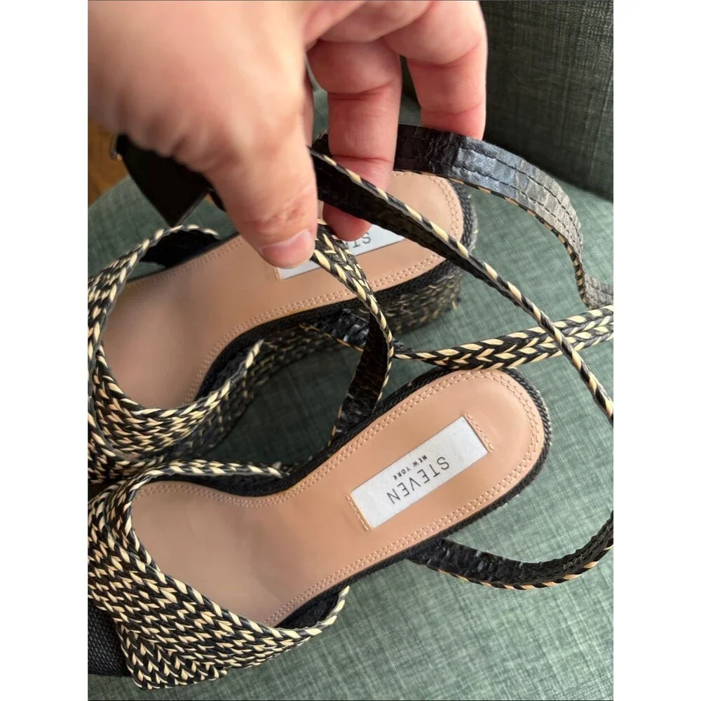 Steven women woven Black Natural tan Platform Sandals strappy resort 8.5 summer